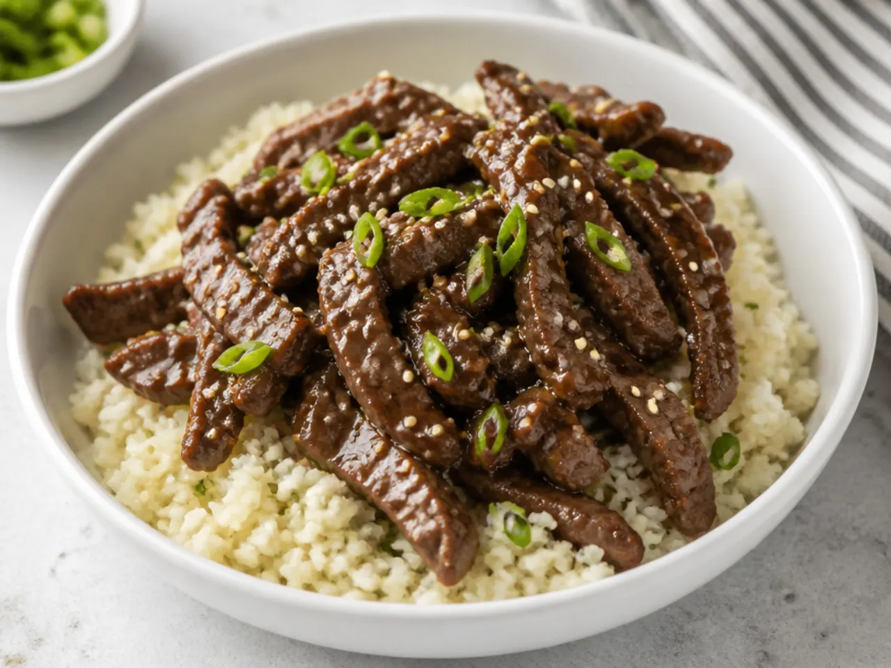 Modern coconut aminos Mongolian beef over cauliflower rice