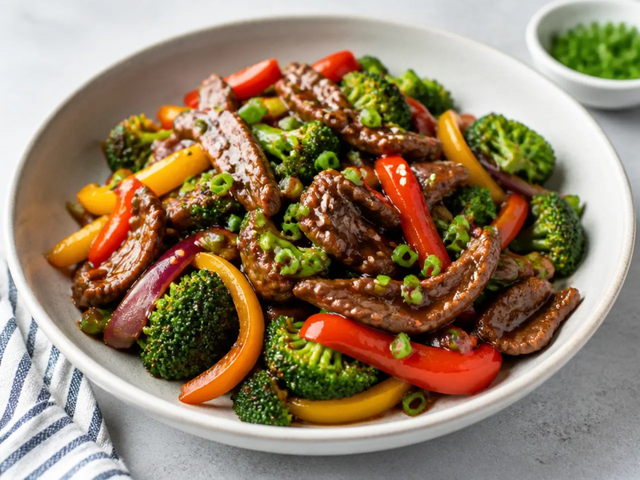 Colorful rainbow veggie Mongolian beef stir-fry with peppers and broccoli