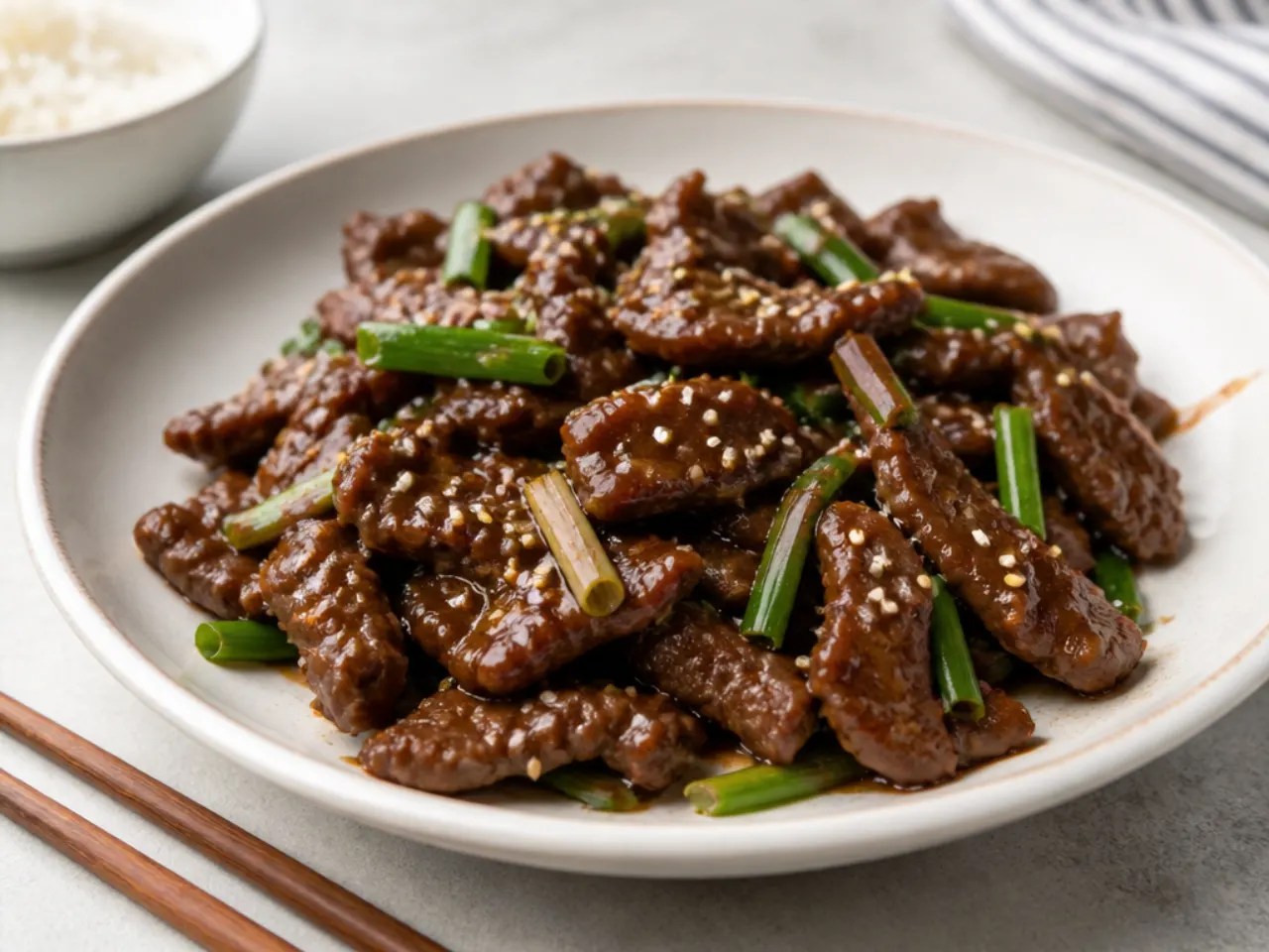 Minimal five-ingredient healthy Mongolian beef in a glossy soy glaze
