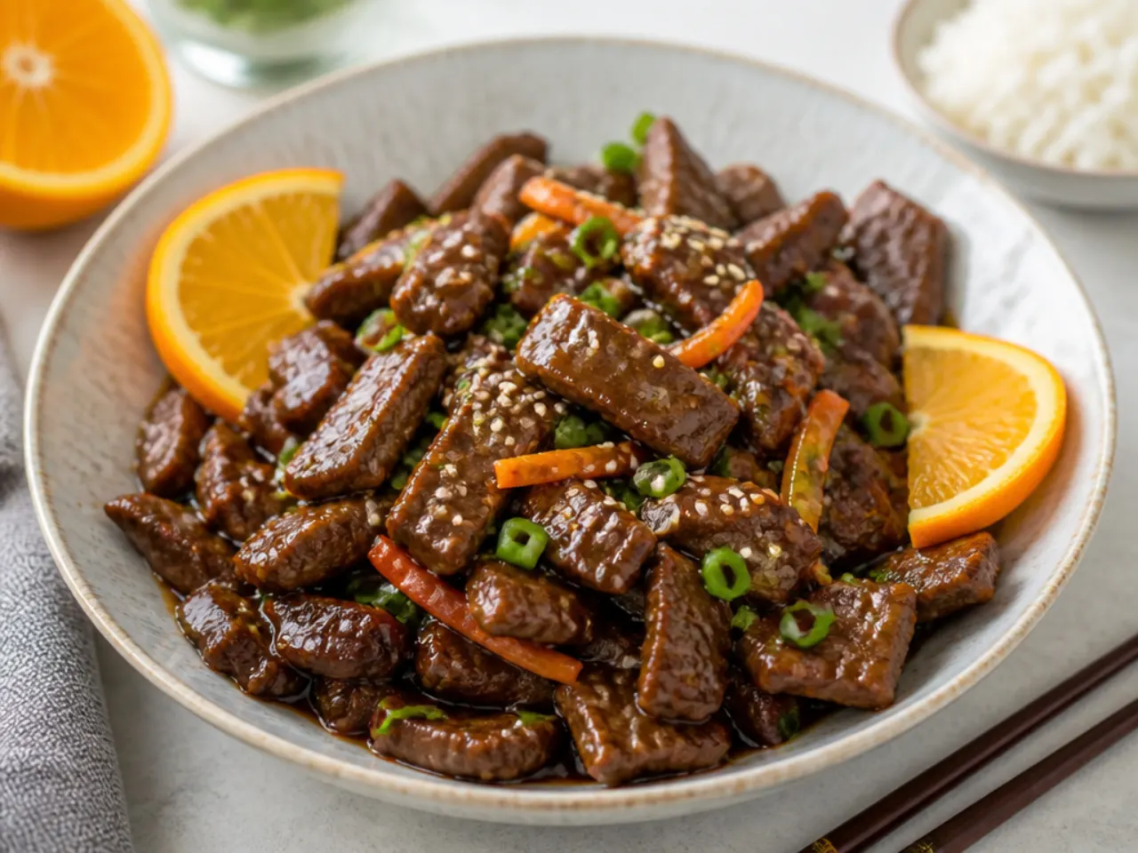 Festive orange-glazed Mongolian beef garnished with citrus slices