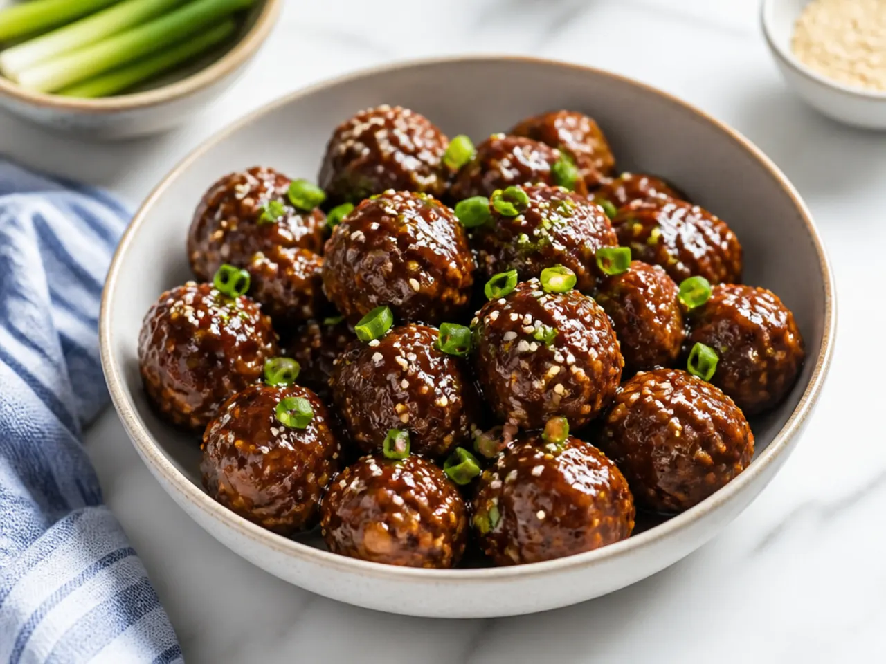 Whimsical Mongolian beef meatballs coated in sticky sauce