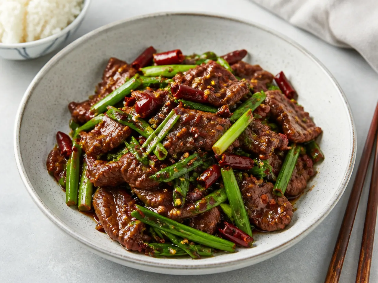 Bold spicy Szechuan healthy Mongolian beef with dried red chilies