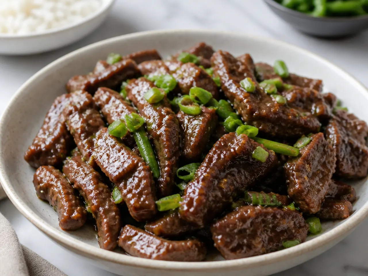 Delicate velveted Mongolian beef strips, tender and silky