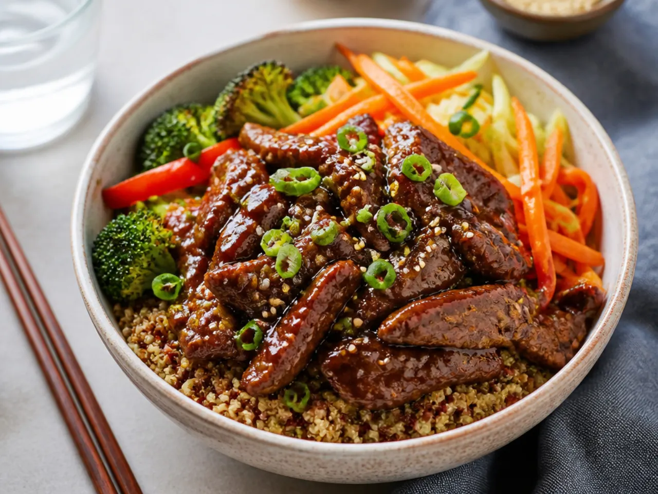 Creative healthy Mongolian beef grain bowl with quinoa and vegetables