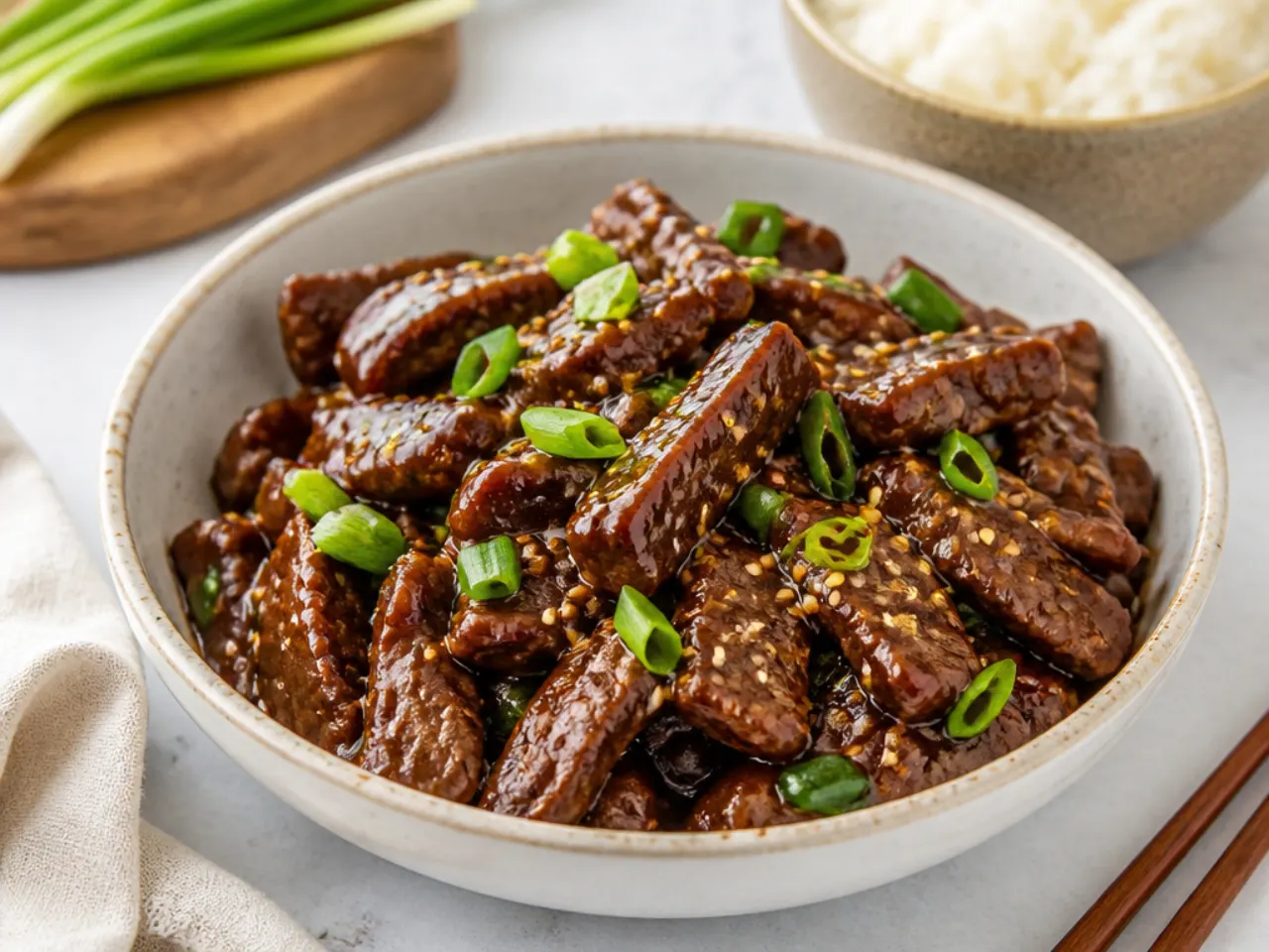 Charming honey-garlic Mongolian beef with toasted sesame seeds