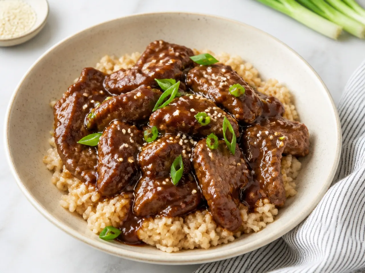 Slow cooker Mongolian beef, tender and glazed over brown rice