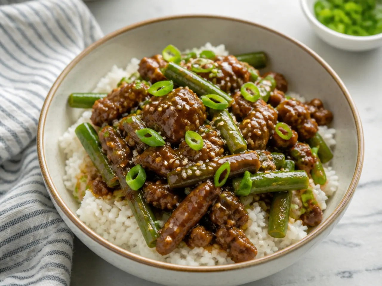 Easy ground beef Mongolian bowl over rice with green beans