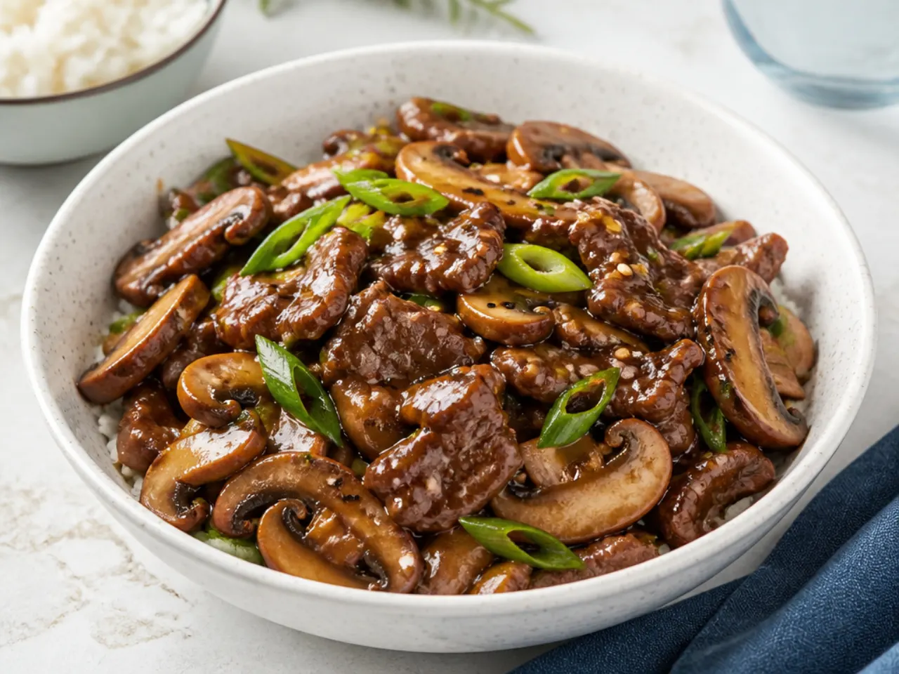 Elegant Mongolian beef and mushroom stir-fry with shiitake