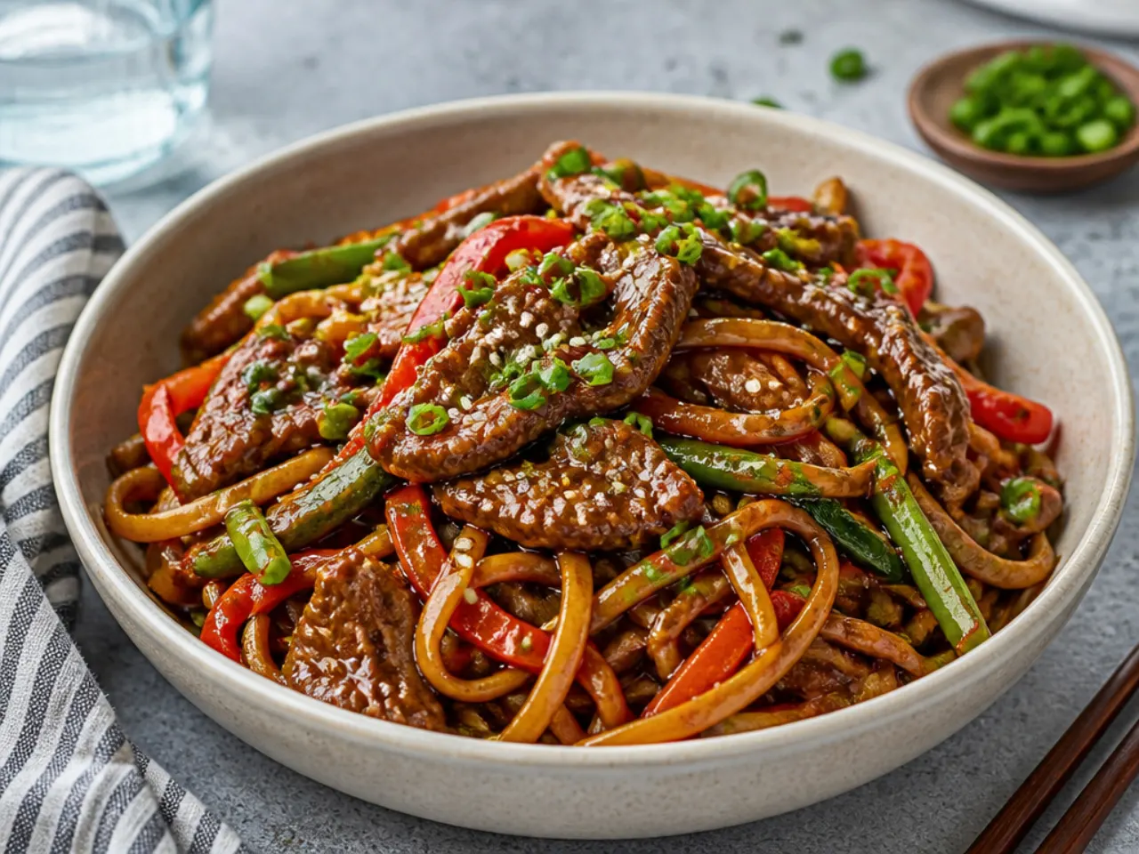 Healthy Mongolian beef stir-fry noodles tossed with vegetables