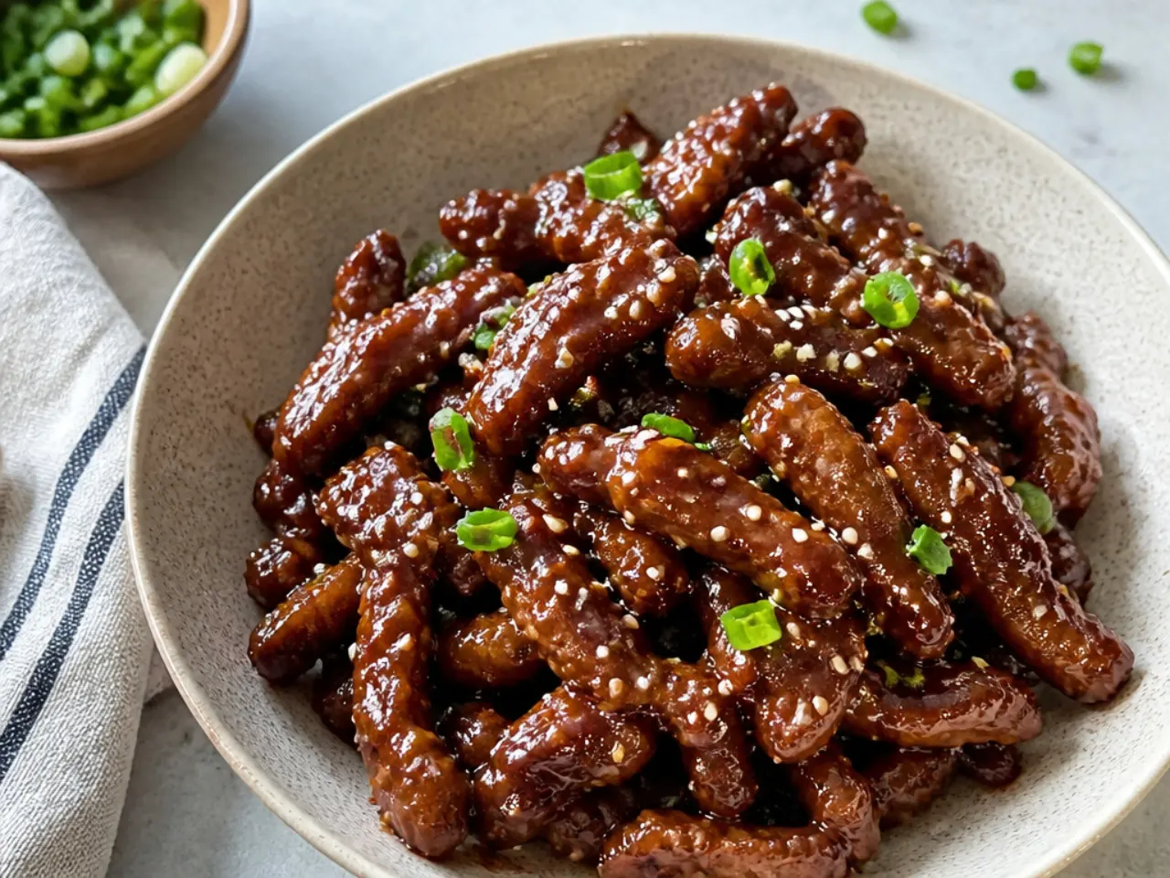 Crispy air-fryer healthy Mongolian beef in a sticky sauce
