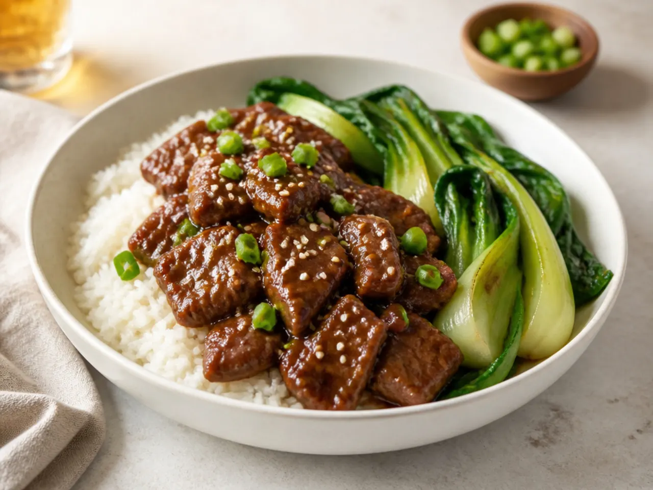 Healthy Mongolian beef serving suggestions with rice and bok choy
