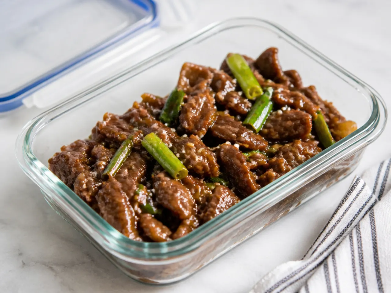 Storing and reheating leftover healthy Mongolian beef in a container