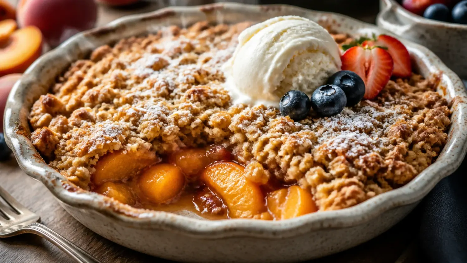 Overhead shot of a healthy peach crisp in a baking dish, golden oat topping bubbling with syrupy peach filling underneath