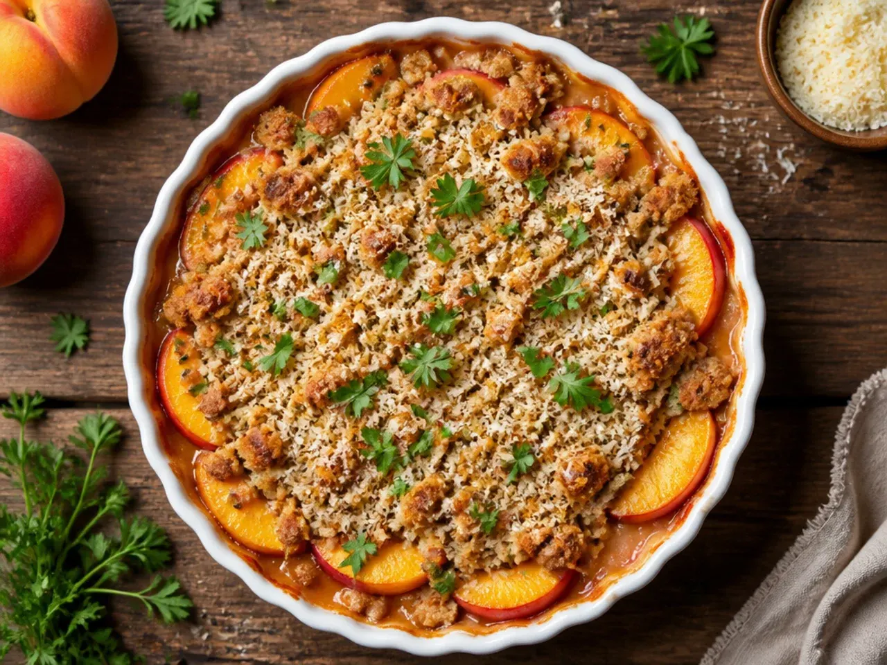 Healthy peach crisp leftovers portioned into a glass storage container ready for the fridge