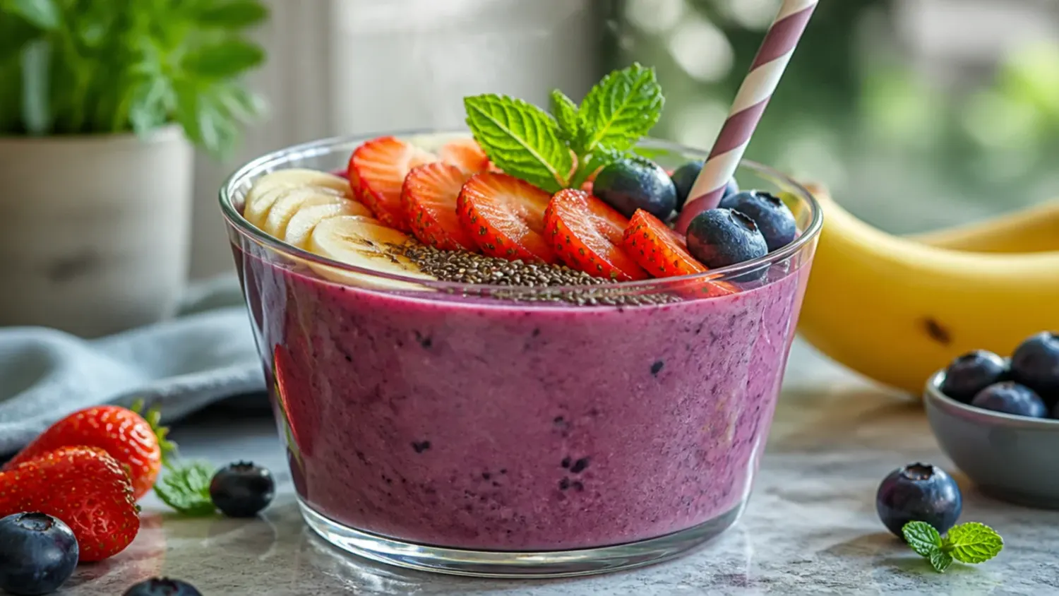 Overhead view of a thick purple healthy smoothie bowl topped with sliced banana, strawberries, granola and coconut flakes