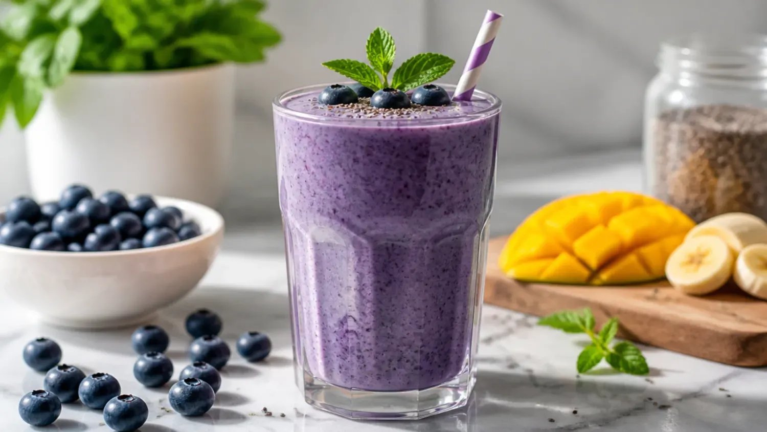 A tall glass of green flat belly smoothie made with spinach, pineapple and ginger, topped with chia seeds and a mint sprig