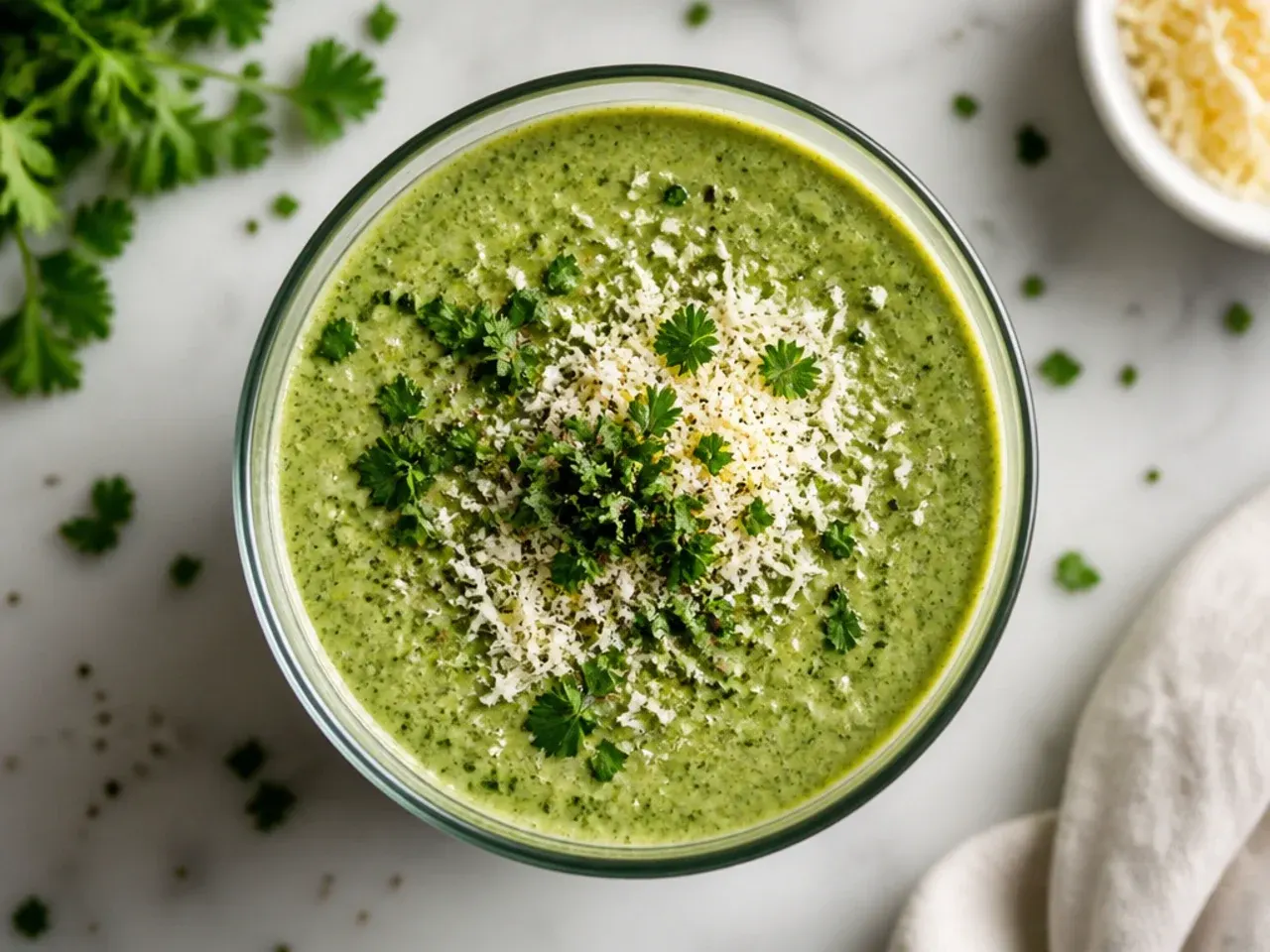 A blender running with a thick green smoothie visible through the jug