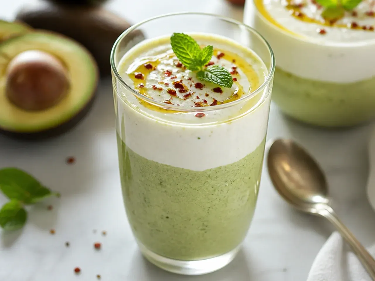 A sealed glass jar of green smoothie stored in the fridge