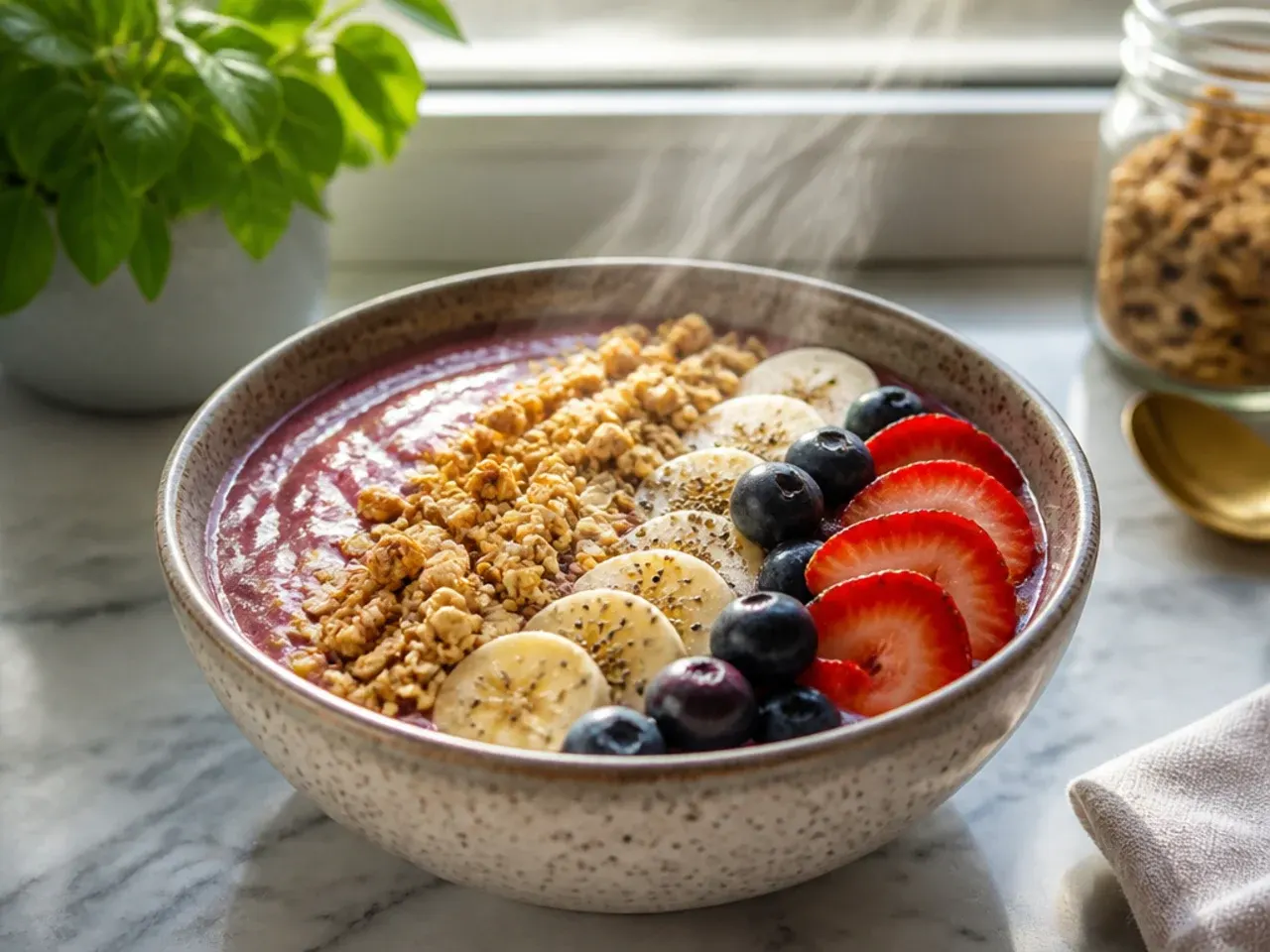 Rolled oats being sprinkled into a blender alongside almond milk