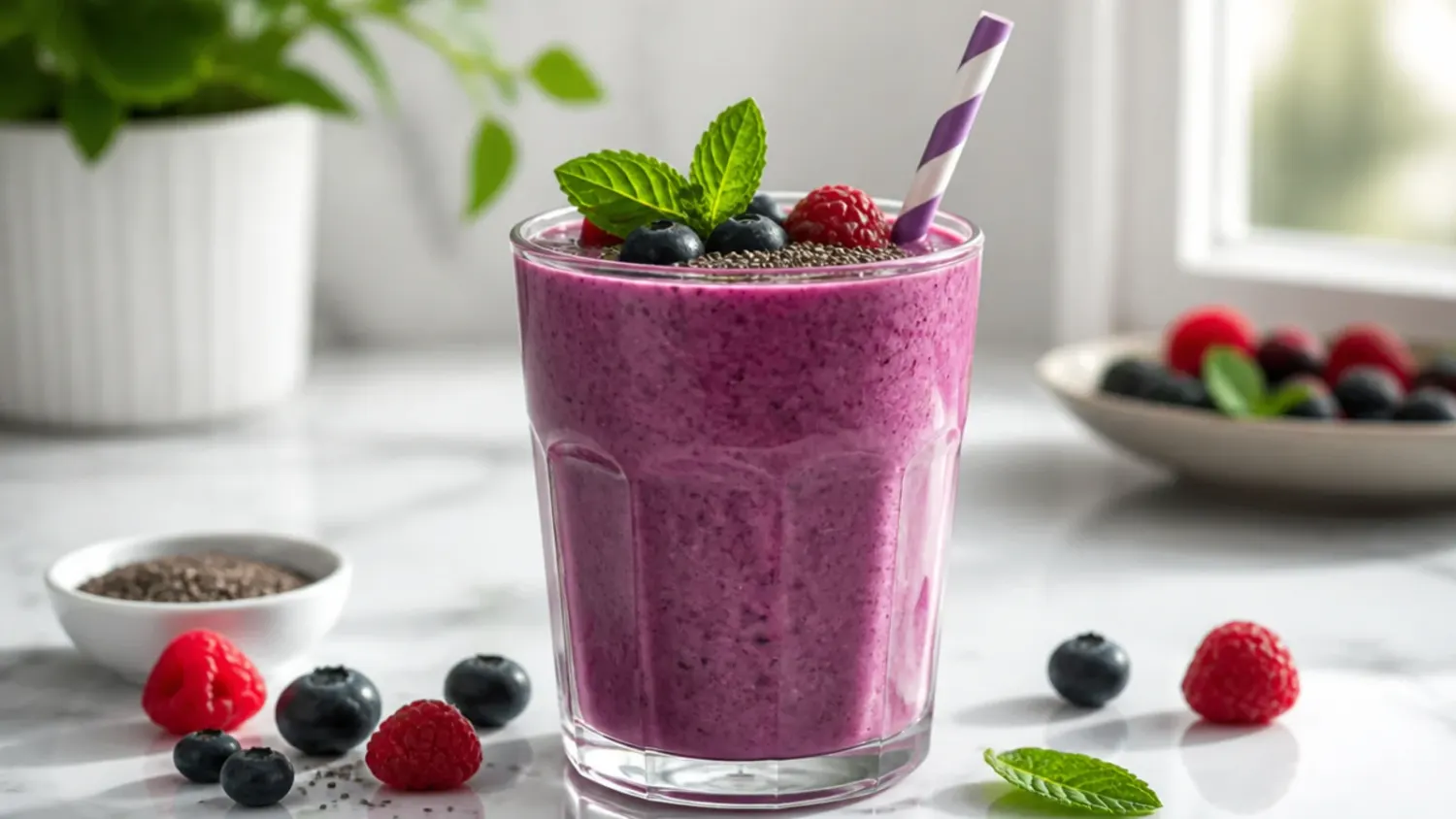 Five colourful breakfast smoothies in glasses lined up on a wooden board with fresh fruit, oats and mint garnish