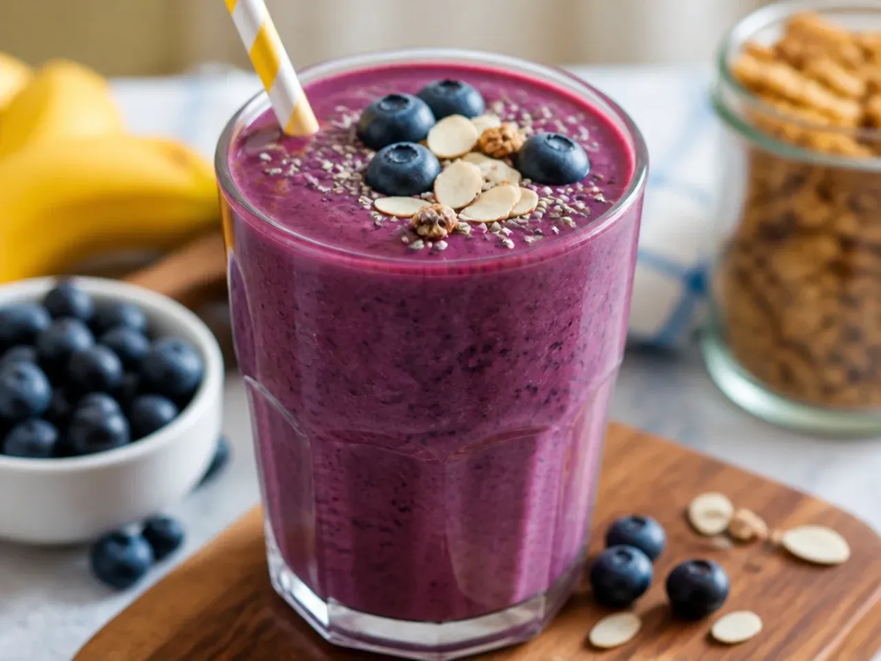 Overhead shot of colourful breakfast smoothies in glasses surrounded by fresh fruit and oats