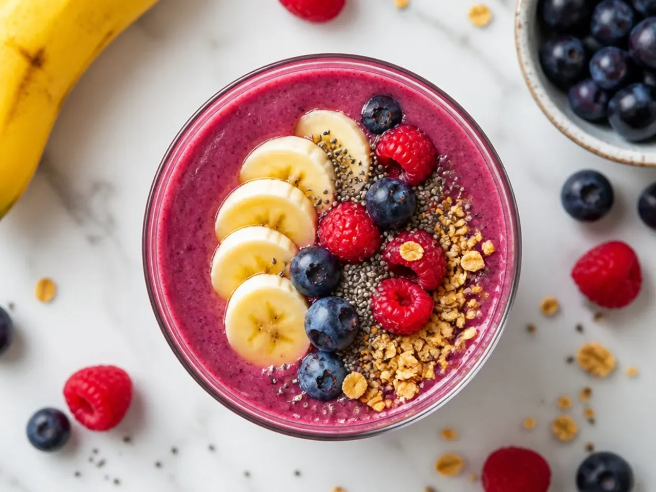Thick banana and mixed berry smoothie in a glass topped with fresh berries