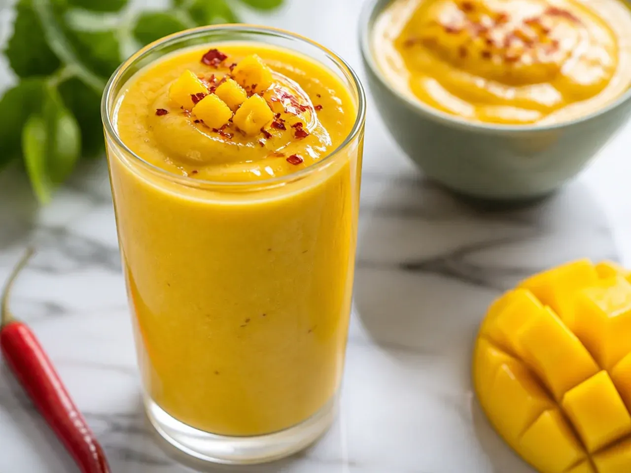 Golden mango smoothie in a tall glass with a mango slice on the rim