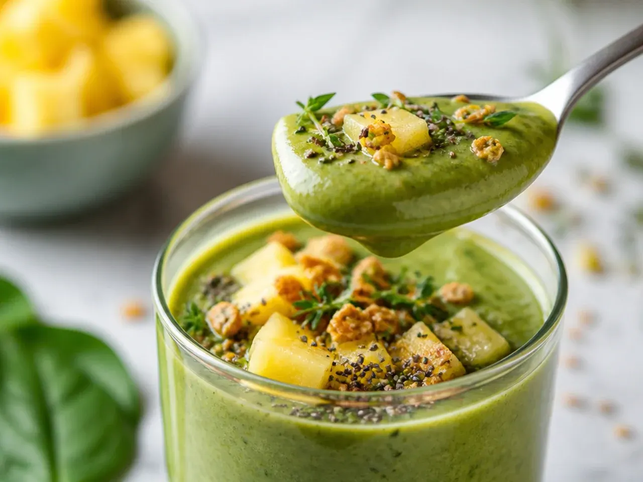 Bright green pineapple and spinach smoothie in a glass with a pineapple wedge garnish