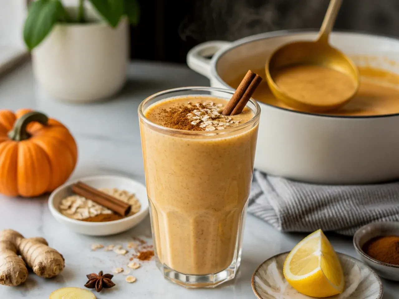 Creamy pumpkin spice smoothie in a glass dusted with cinnamon
