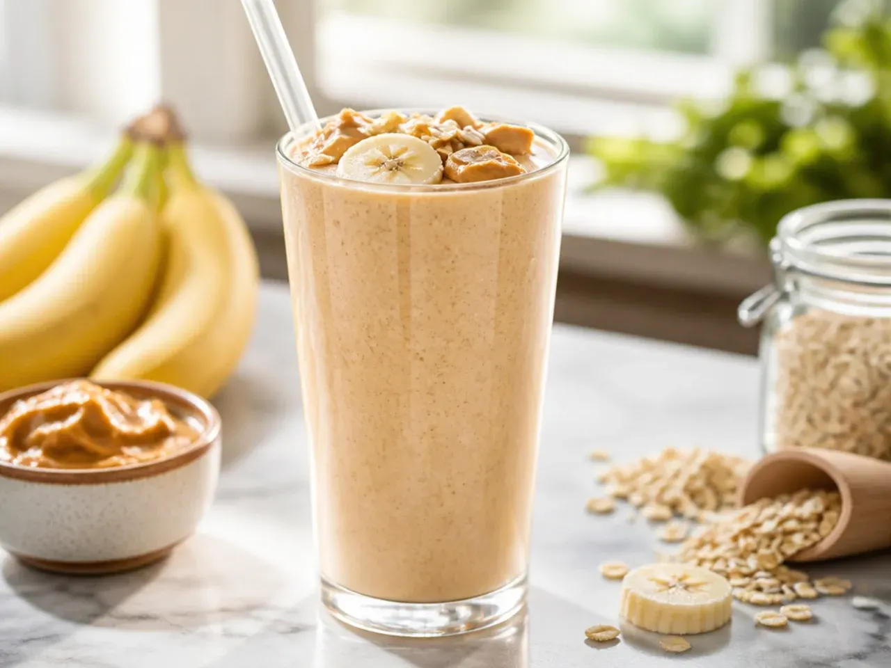 Thick peanut butter banana smoothie in a mason jar with a drizzle of peanut butter on top