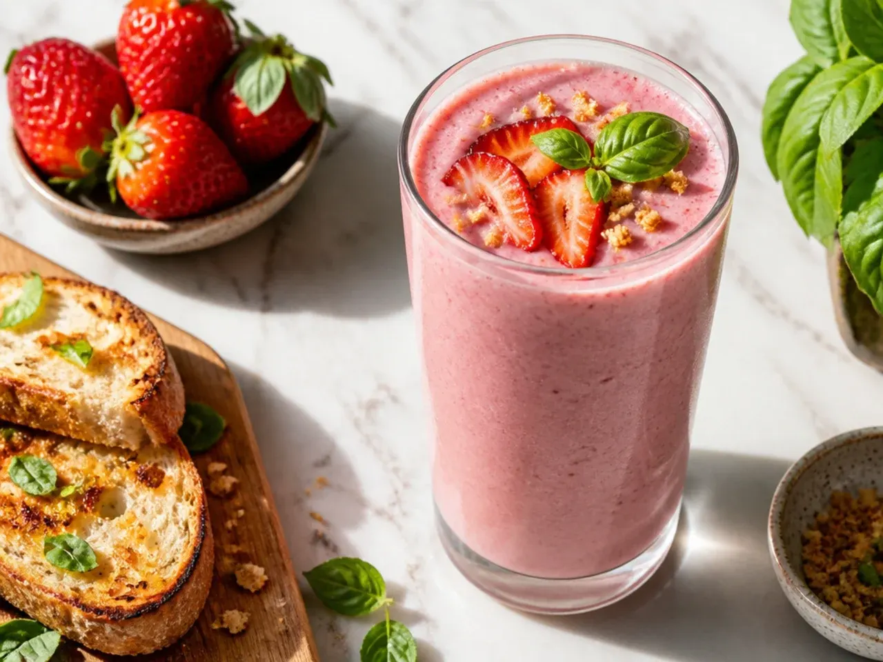 Pink strawberry Greek yogurt smoothie in a glass with fresh strawberries alongside