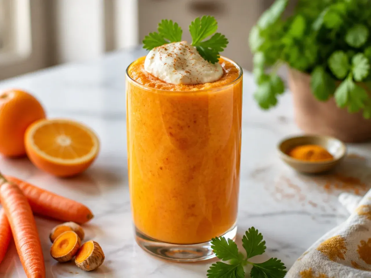 Bright orange carrot and turmeric smoothie in a glass with a cinnamon stick garnish