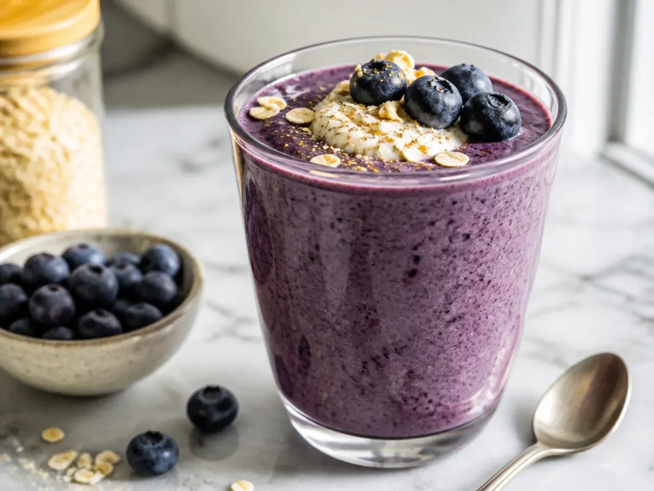 Deep purple blueberry oat smoothie in a glass with a scatter of fresh blueberries