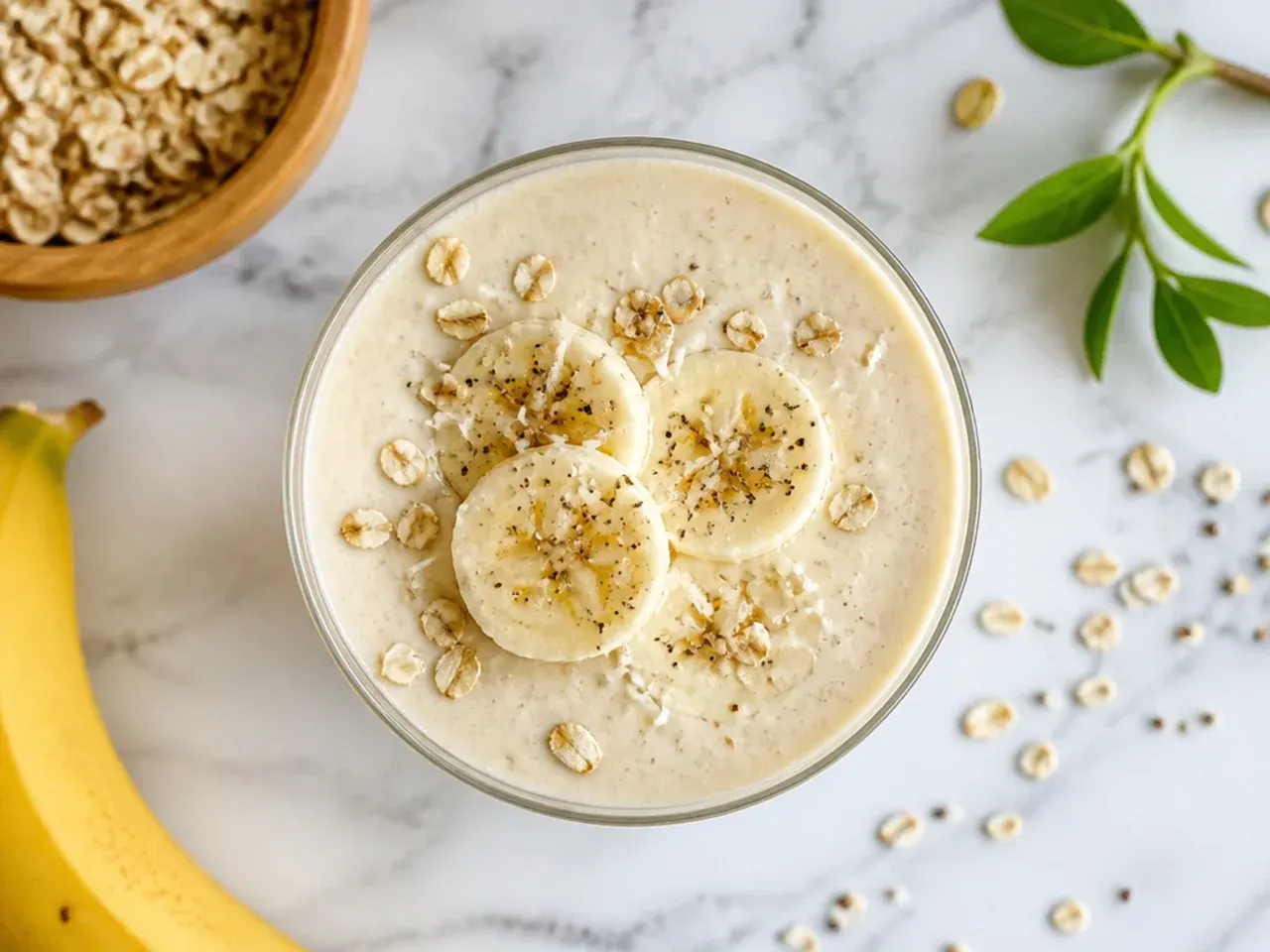 Simple banana oat milk smoothie in a glass with sliced banana on the side