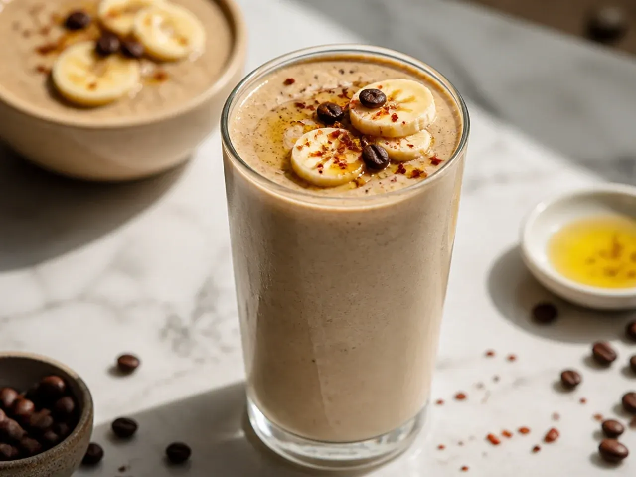 Mocha-coloured espresso banana smoothie in a glass with a dusting of cocoa