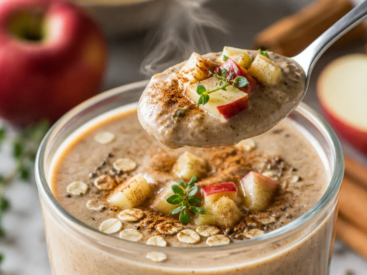 Rustic apple cinnamon smoothie in a glass with apple slices and a cinnamon stick