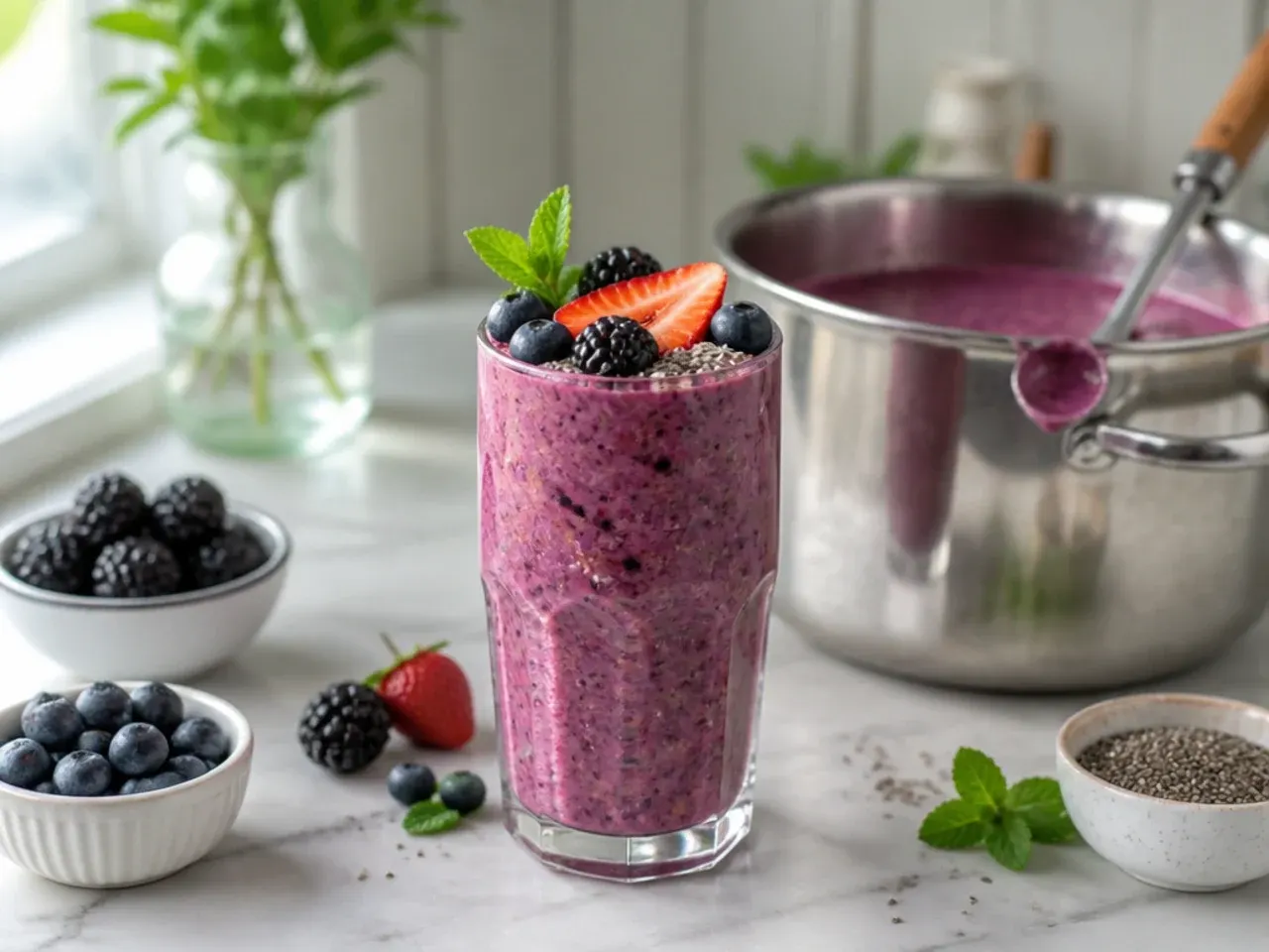 Deep purple triple berry smoothie in a glass topped with chia seeds and fresh berries