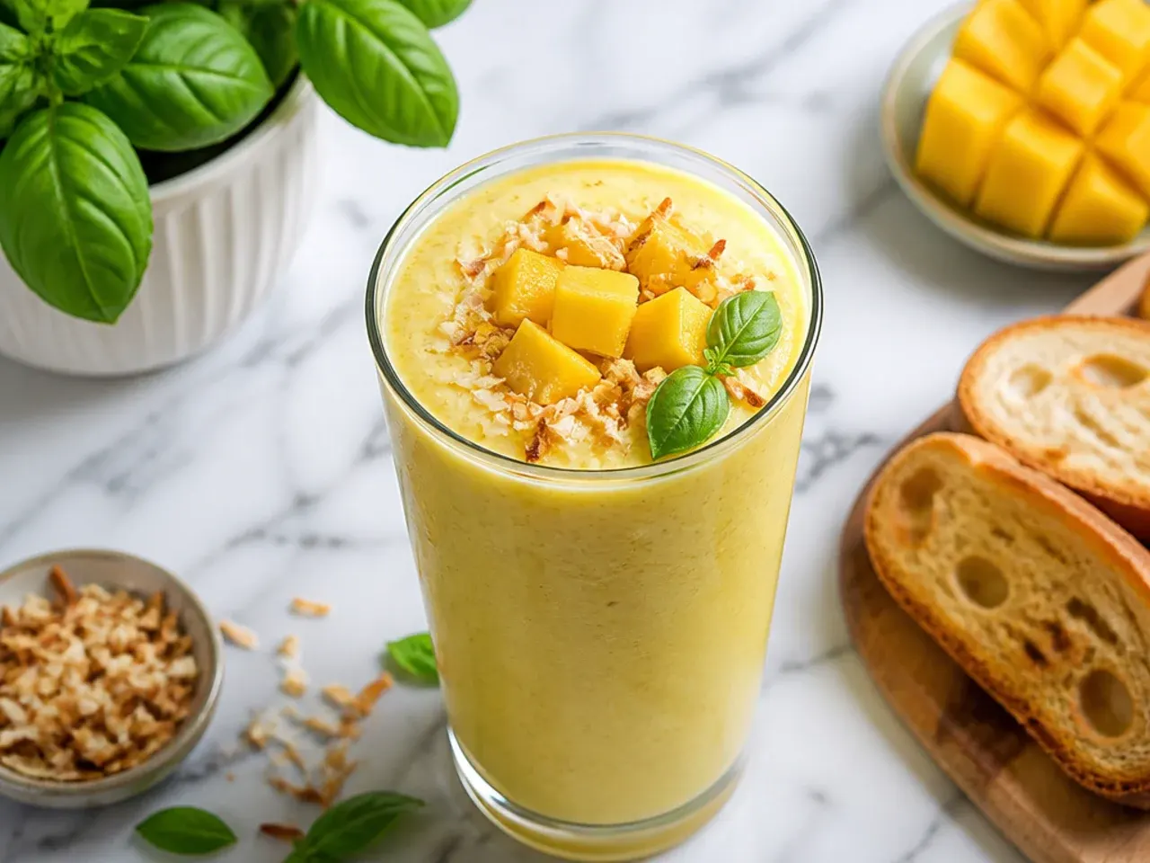 Tropical mango coconut smoothie in a glass topped with toasted coconut flakes