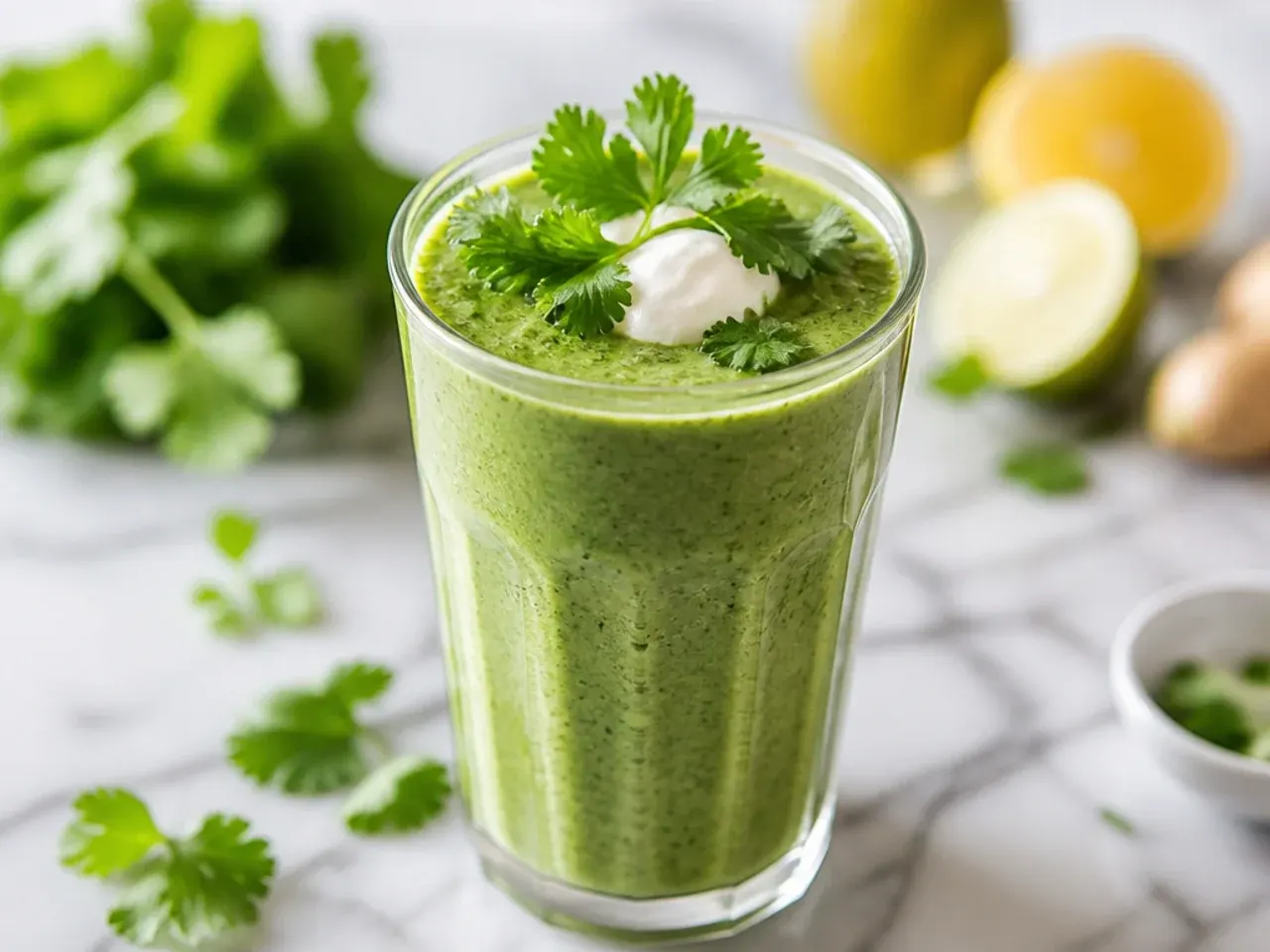 Pale green cucumber and apple detox smoothie in a glass with a lemon wedge