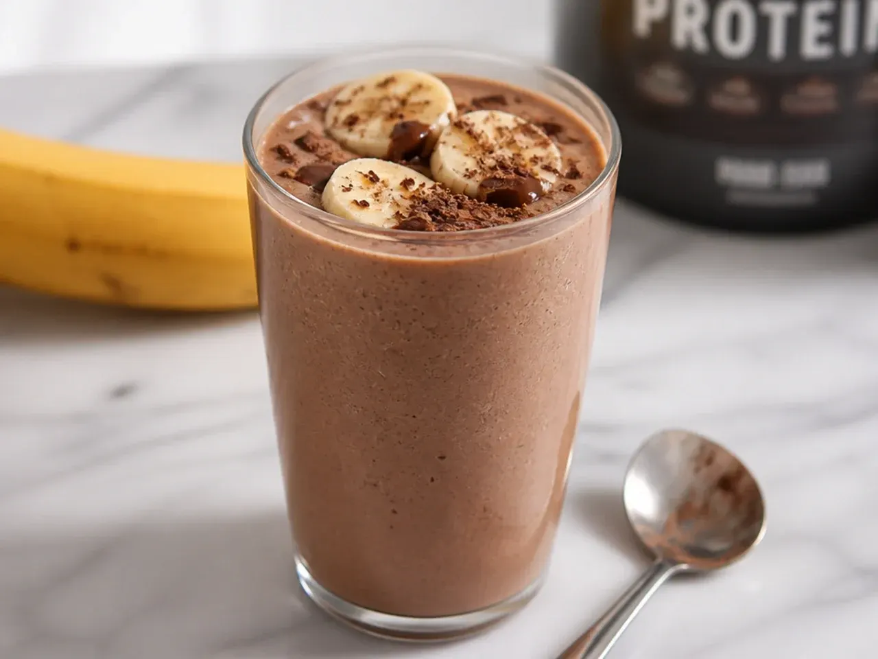 Rich chocolate banana smoothie in a glass with a dusting of cocoa powder