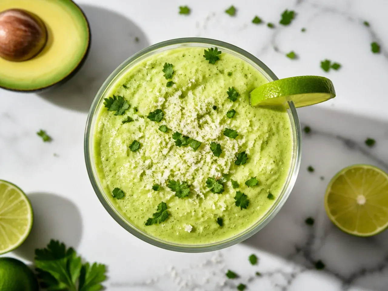 Pale green avocado lime smoothie in a bowl topped with granola and lime zest