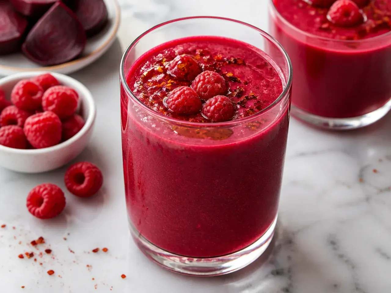 Vivid magenta raspberry and beetroot smoothie in a glass with fresh raspberries on top