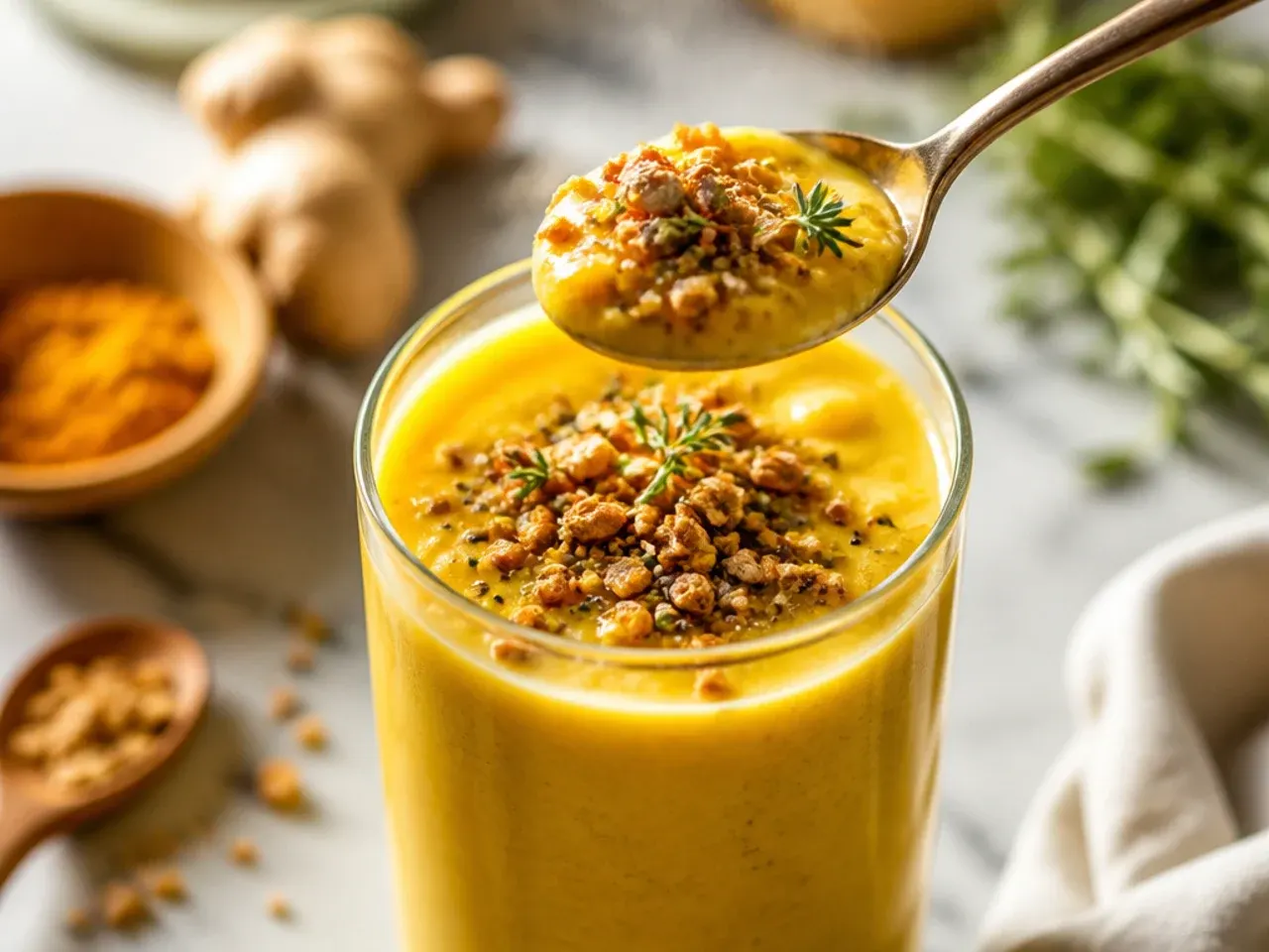 Golden turmeric smoothie in a glass with a cinnamon stick and ginger slice