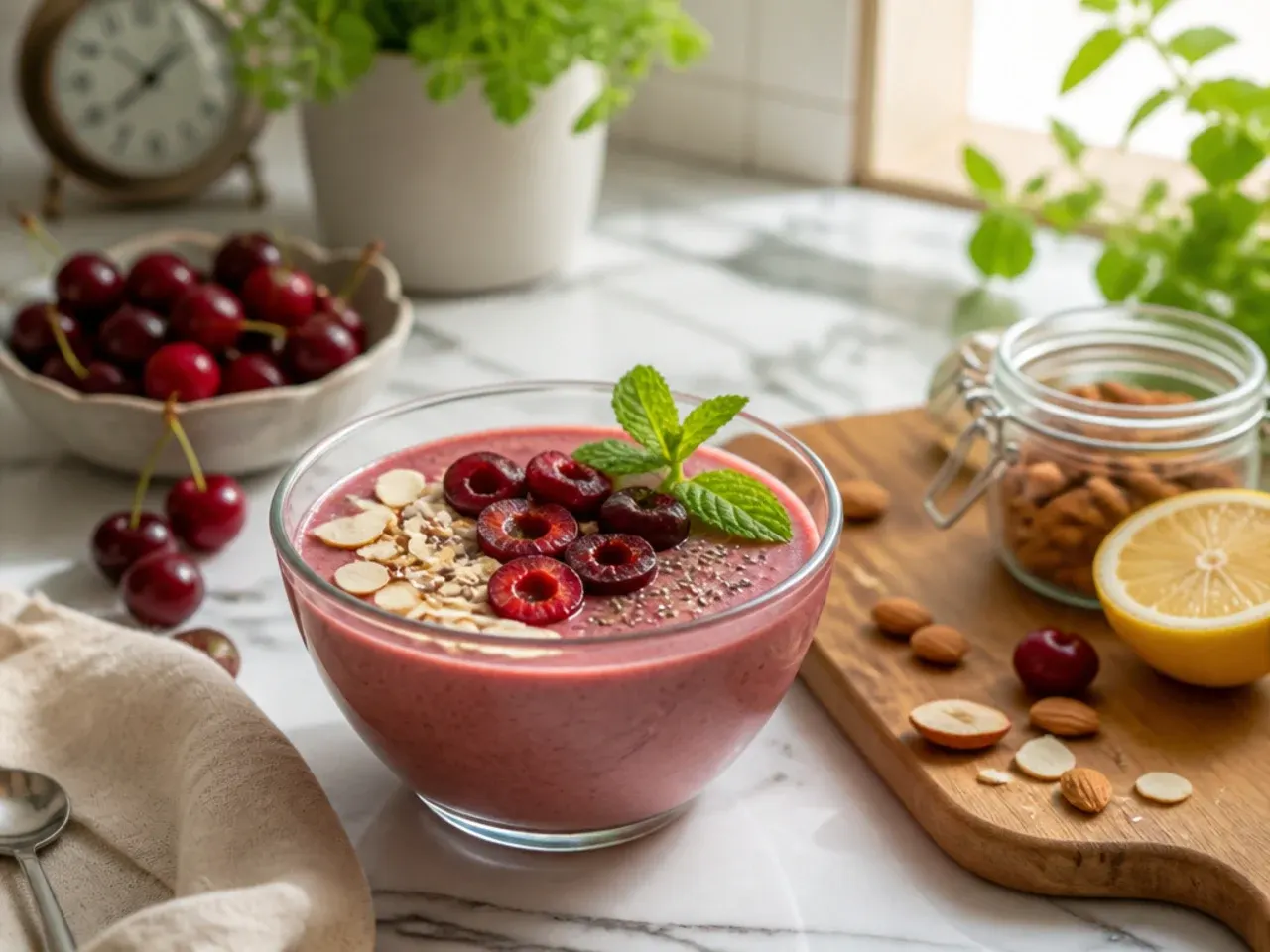 Deep red cherry almond butter smoothie in a glass with fresh cherries on the rim
