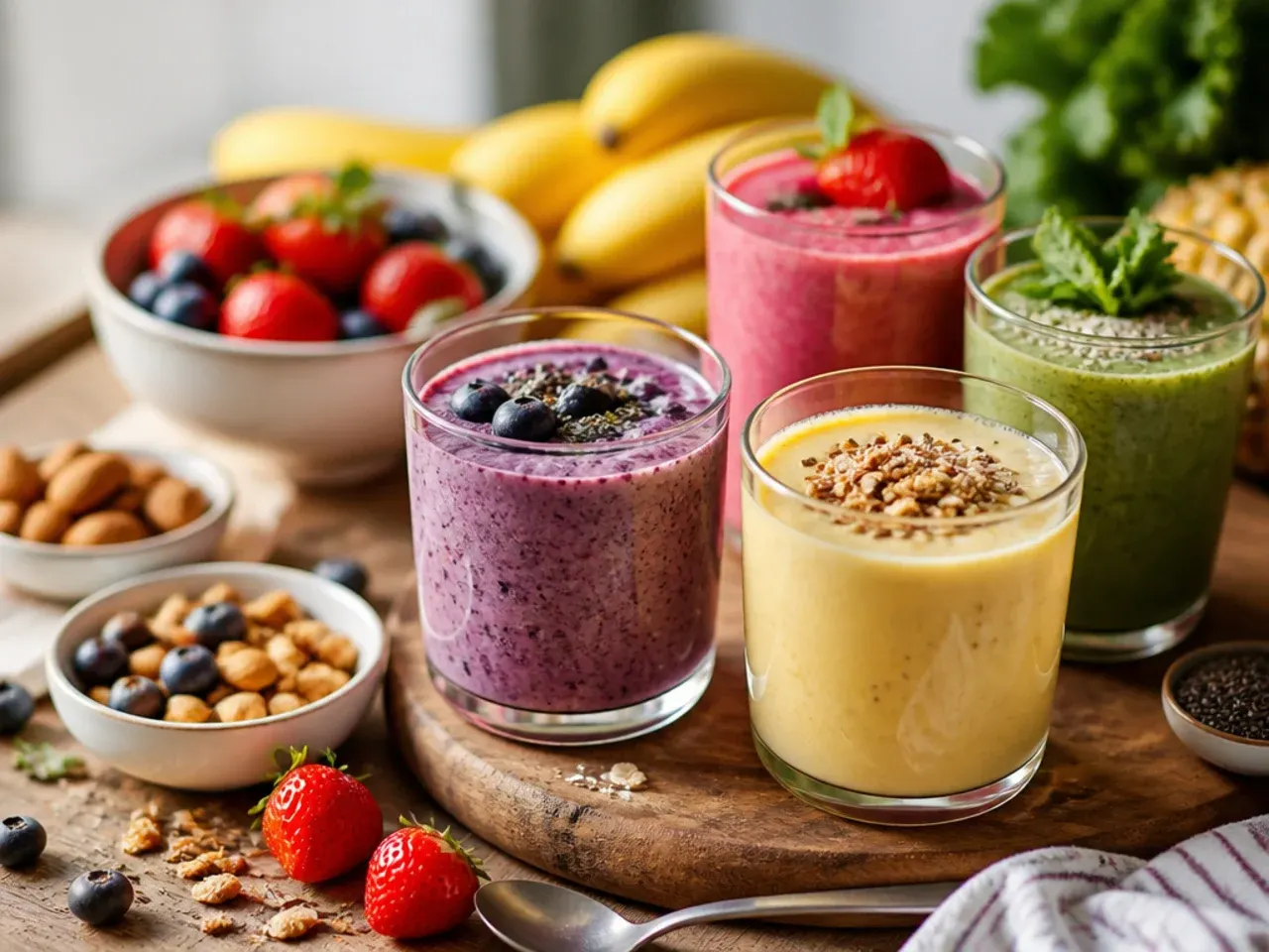 Smoothie bowl topped with granola, banana slices and chia seeds next to a smoothie in a glass