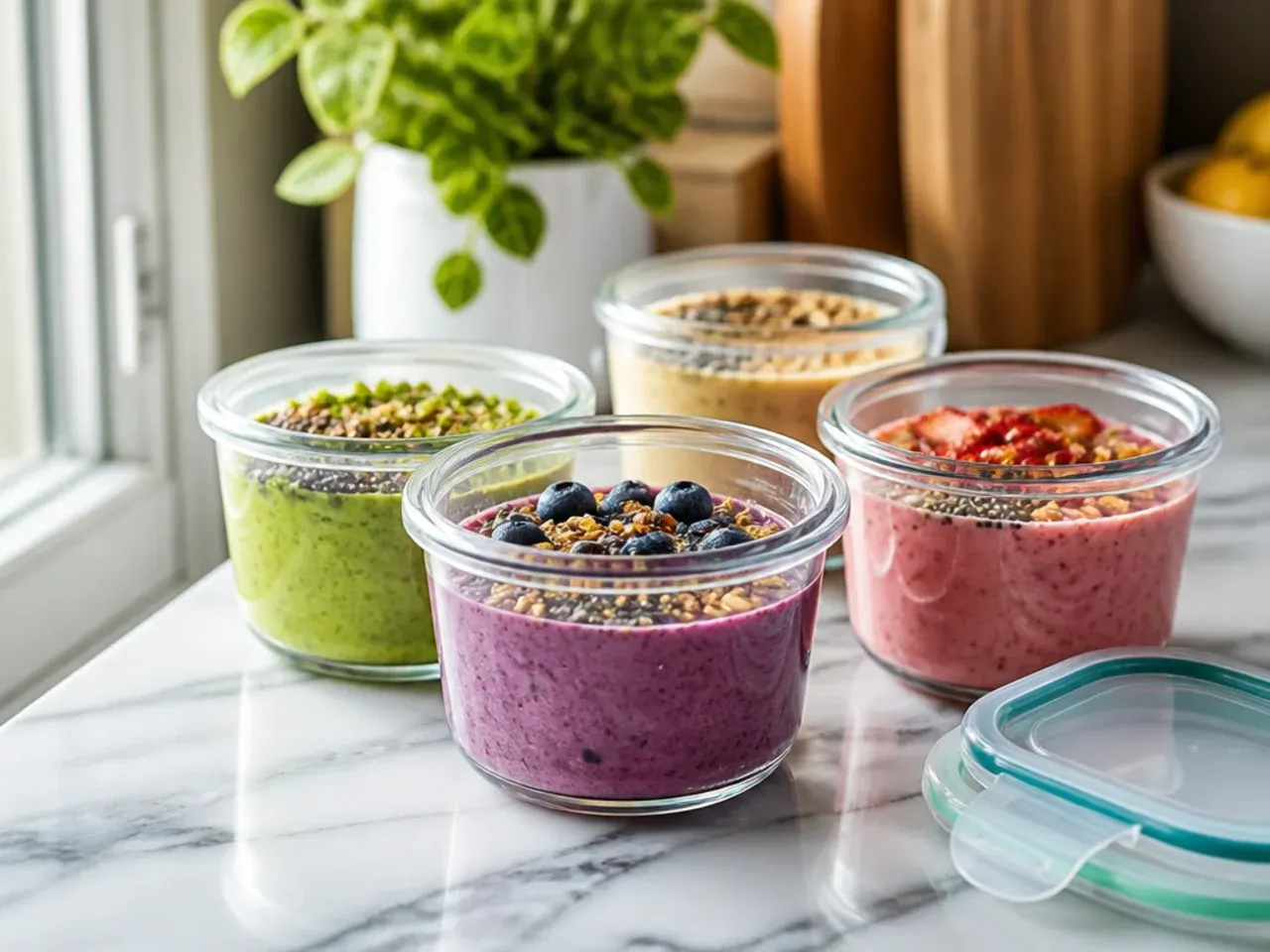 Airtight jars of smoothie lined up in a fridge door for meal prep
