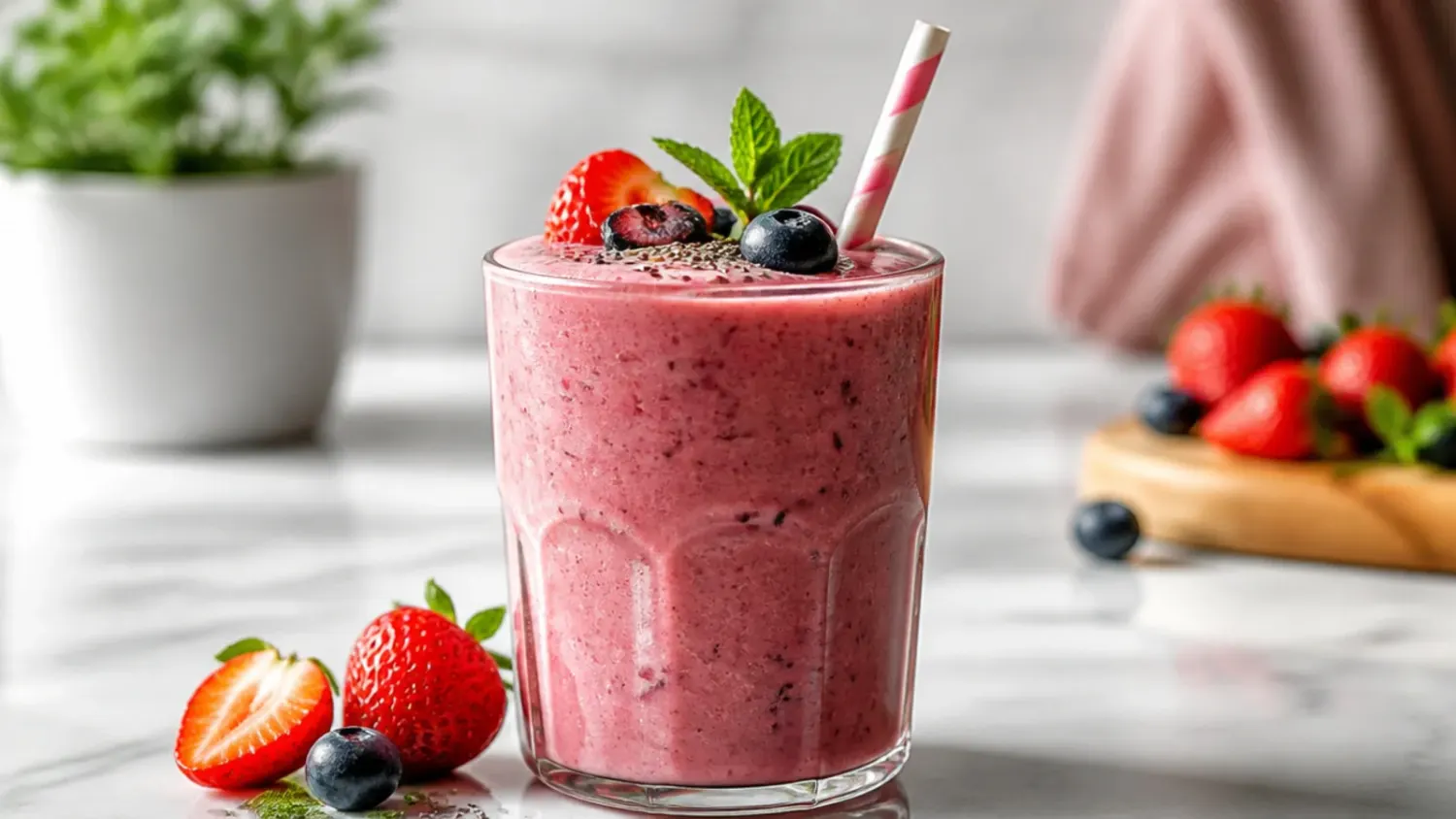 Colourful row of healthy smoothies in glasses topped with fresh fruit, seeds and granola