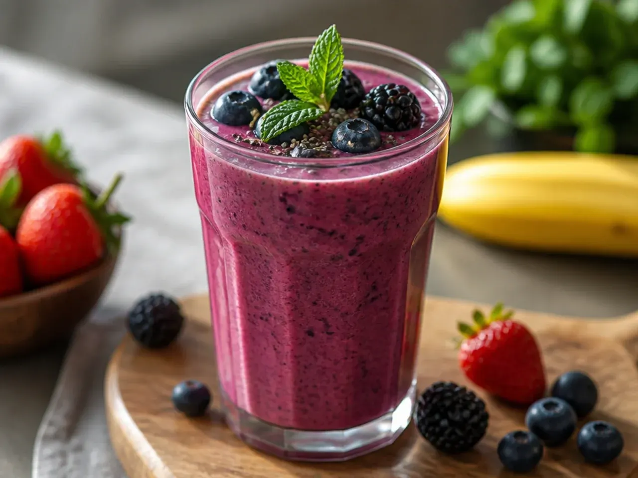 Overhead shot of colourful healthy smoothies in glasses surrounded by fresh fruit and spinach