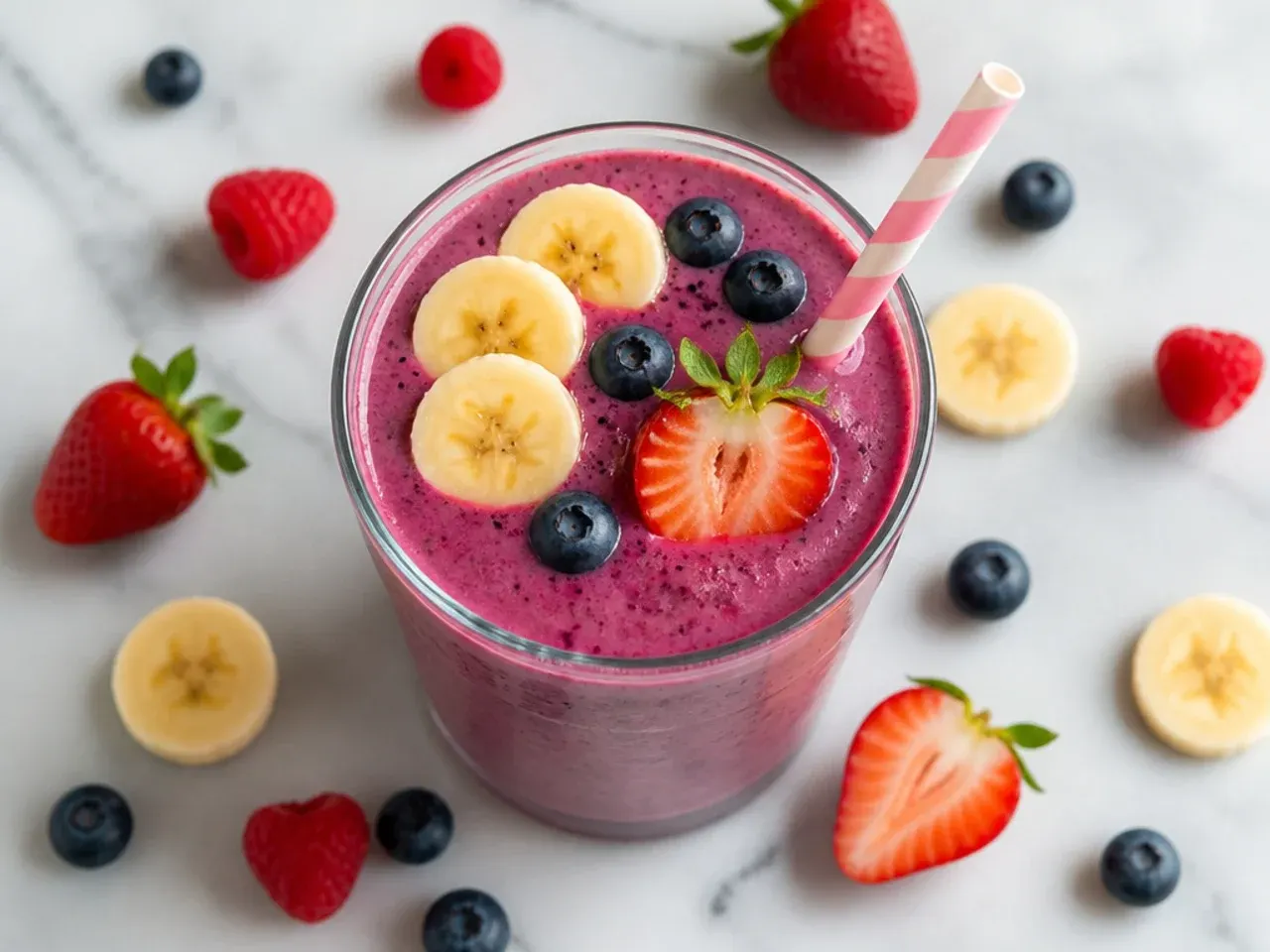 Classic berry and banana smoothie in a tall glass with fresh strawberries on the side
