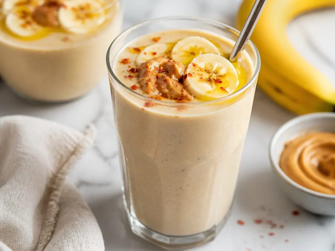 Creamy peanut butter banana smoothie topped with a peanut butter drizzle